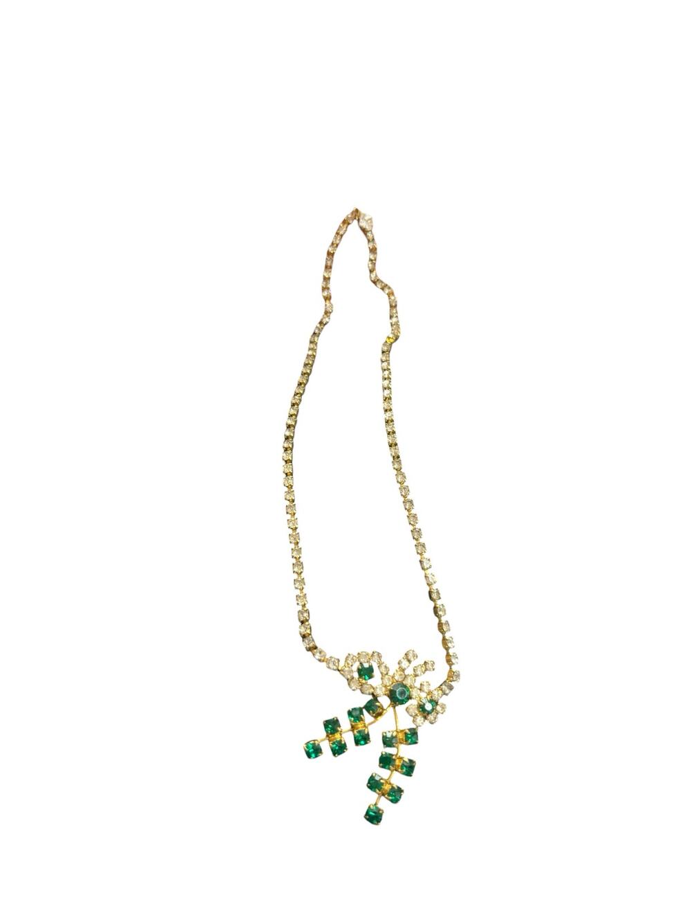 Vintage 1950s Rhinestone Necklace Green & Clear Drop Pendant | Gold Tone Floral